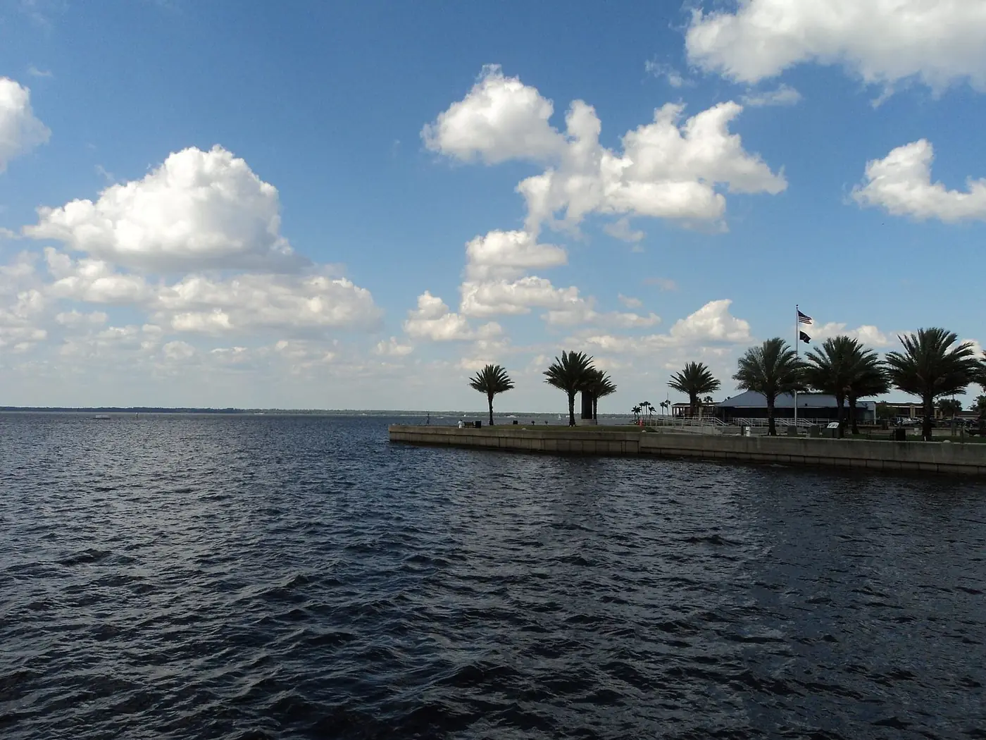 Lake Monroe under a blue sky with palm trees along the shore